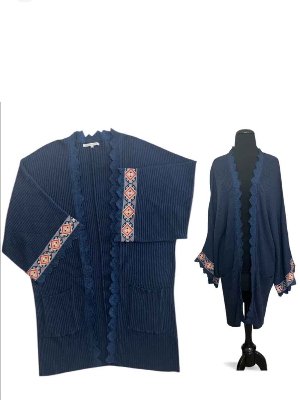 Love Johnny Was Kimono Cardigan Oversize Small Blue Embroidered Lace Boho